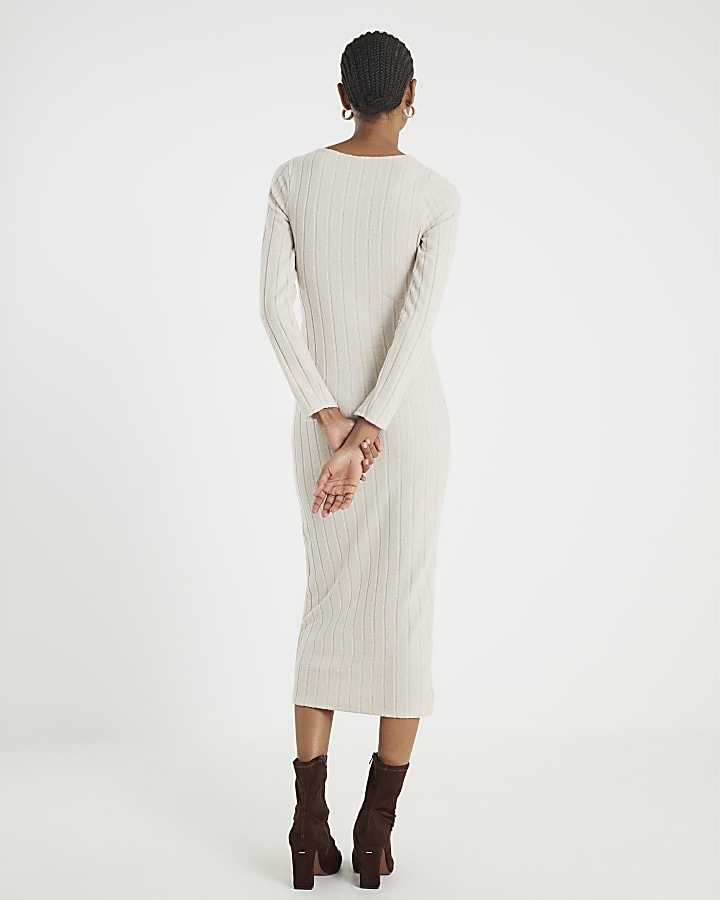 Beige Long Sleeve Cosy Twist Front Midi Dress