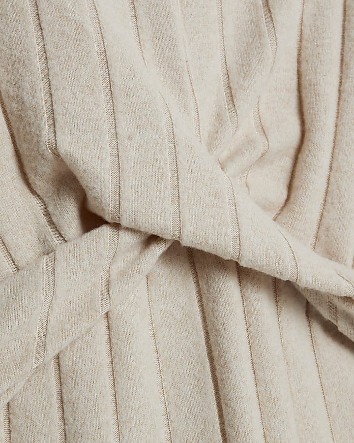 Beige Long Sleeve Cosy Twist Front Midi Dress