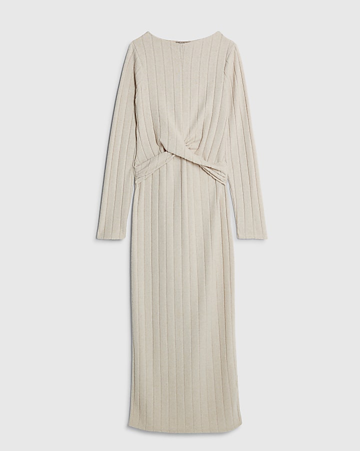Beige Long Sleeve Cosy Twist Front Midi Dress