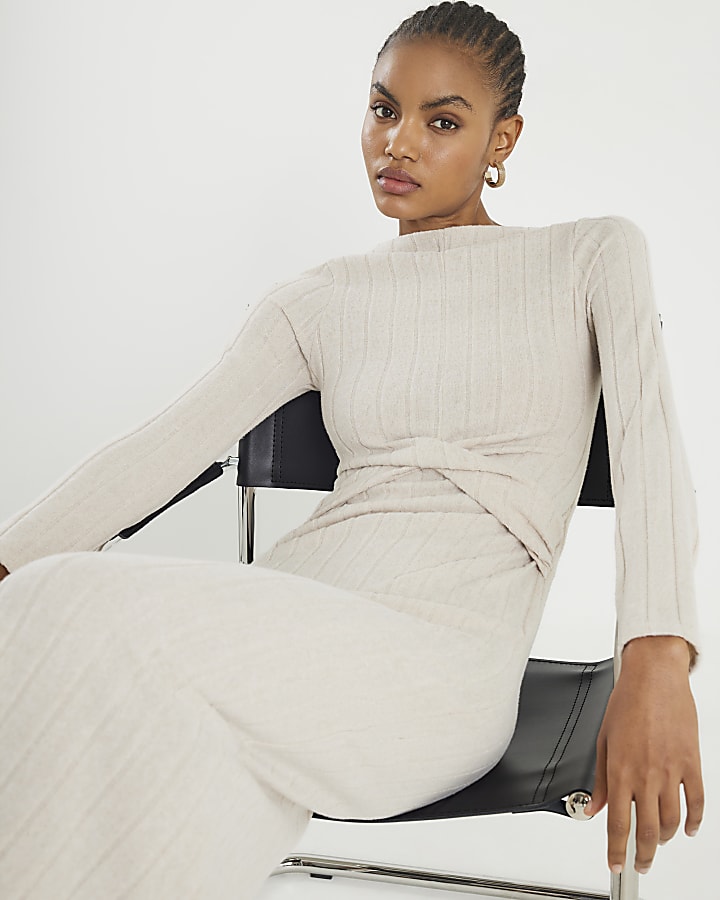 Beige Long Sleeve Cosy Twist Front Midi Dress