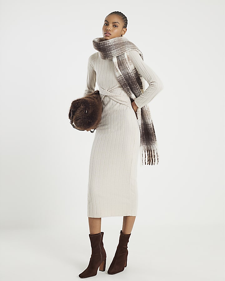 Beige Long Sleeve Cosy Twist Front Midi Dress