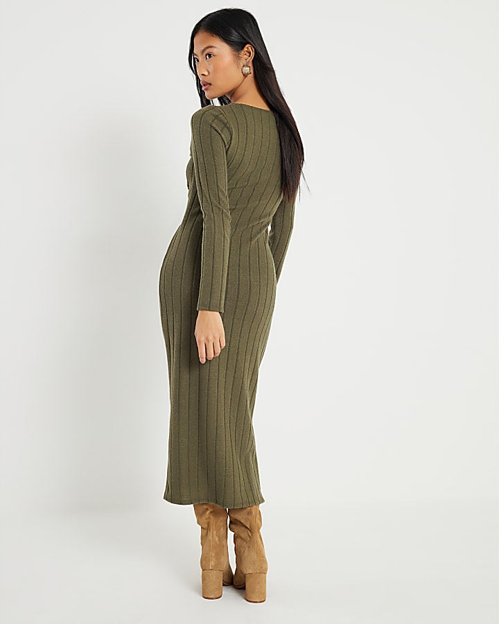 Petite Khaki Long Sleeve Cosy Midi Dress