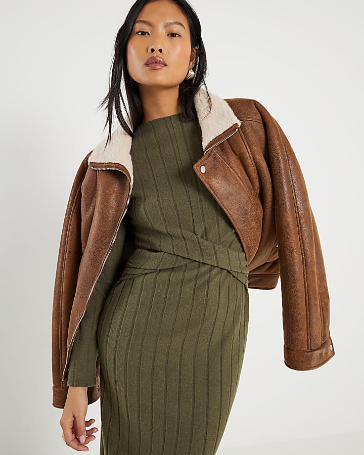 Petite Khaki Long Sleeve Cosy Midi Dress