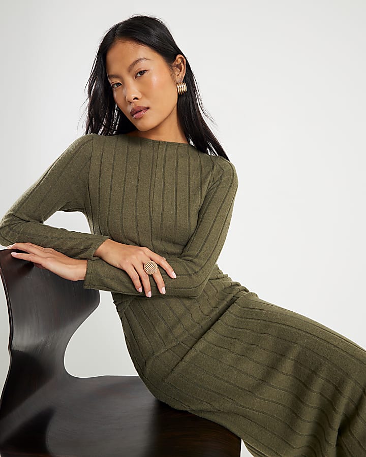 Petite Khaki Long Sleeve Cosy Midi Dress