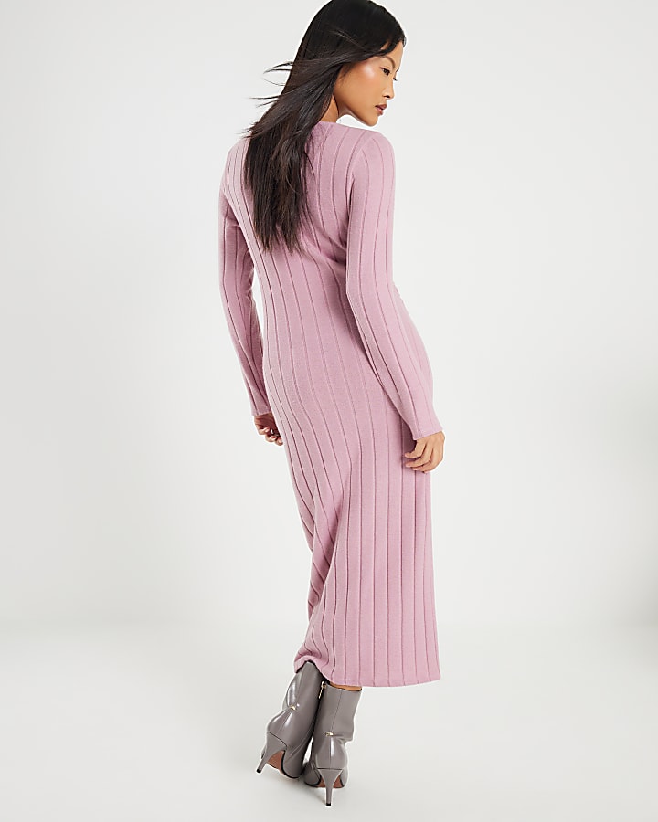 Petite Pink Long Sleeve Cosy Twist Midi Dress