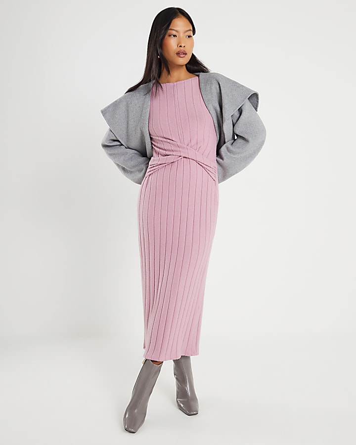 Petite Pink Long Sleeve Cosy Twist Midi Dress
