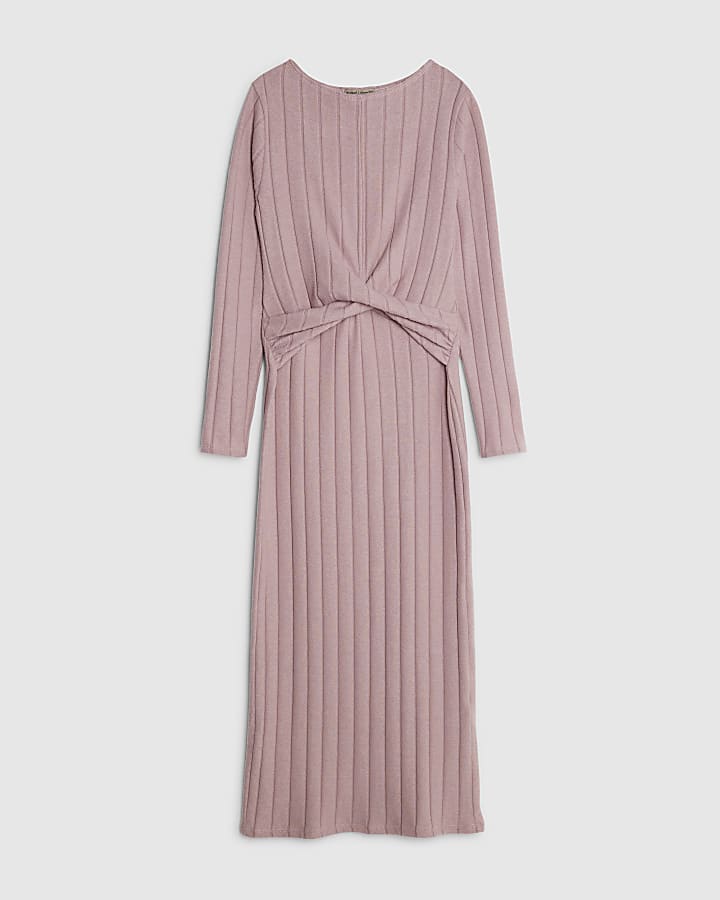 Petite Pink Long Sleeve Cosy Twist Midi Dress