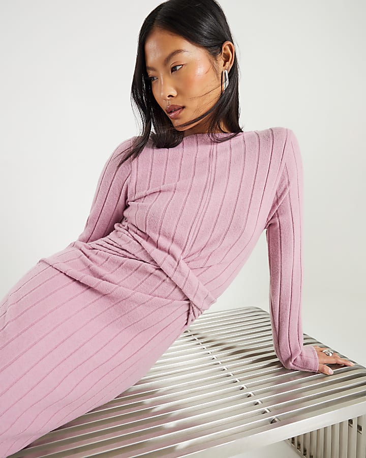 Petite Pink Long Sleeve Cosy Twist Midi Dress