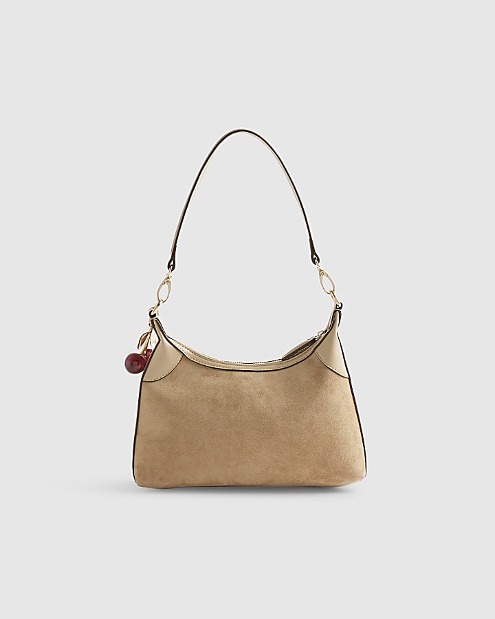 Beige Faux Suede Cherry Charm Shoulder Bag