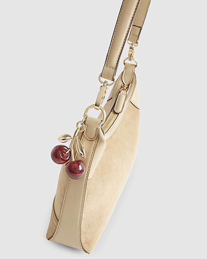 Beige Faux Suede Cherry Charm Shoulder Bag