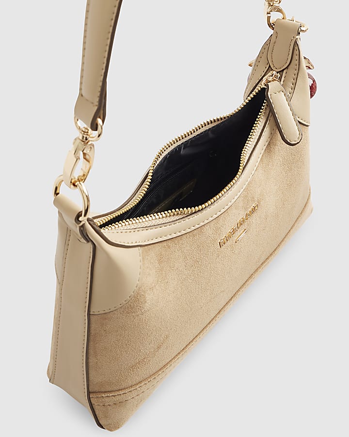 Beige Faux Suede Cherry Charm Shoulder Bag