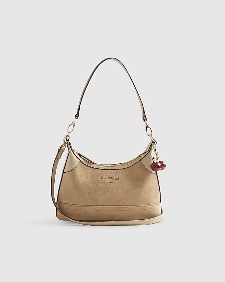Beige Faux Suede Cherry Charm Shoulder Bag
