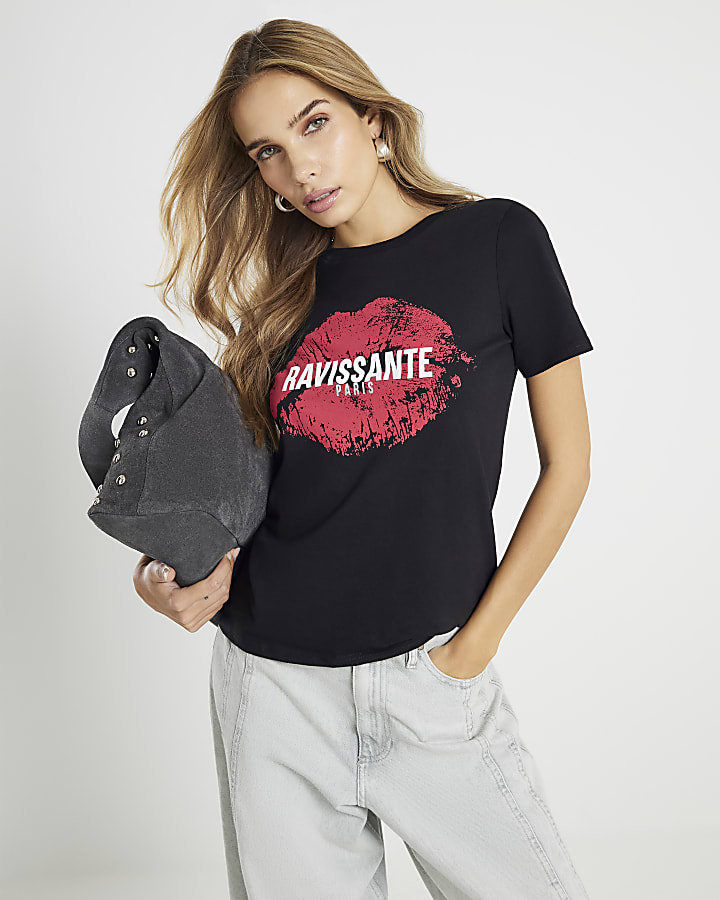 Black Short Sleeve Lips T-shirt