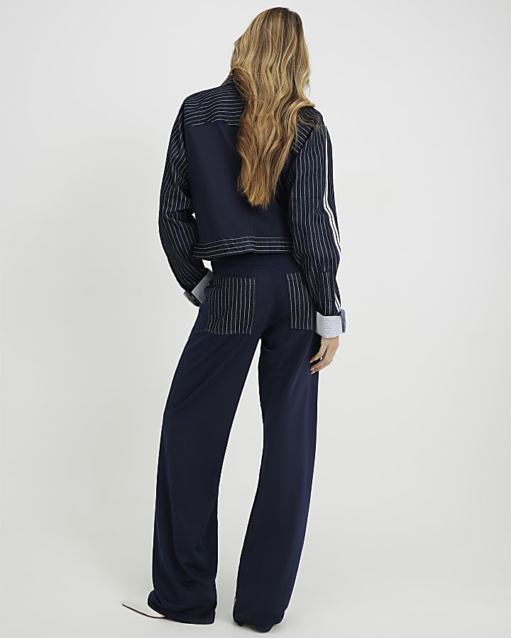 Navy Relaxed Straight Leg Stripe Hybrid Jeans