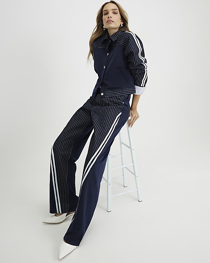 Navy Relaxed Straight Leg Stripe Hybrid Jeans