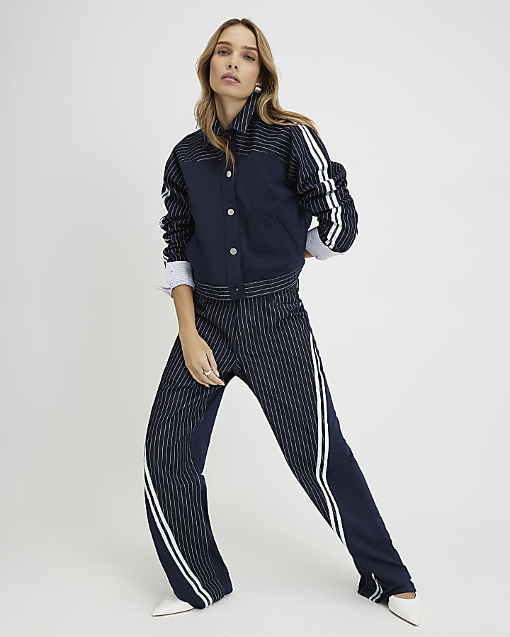 Navy Relaxed Straight Leg Stripe Hybrid Jeans