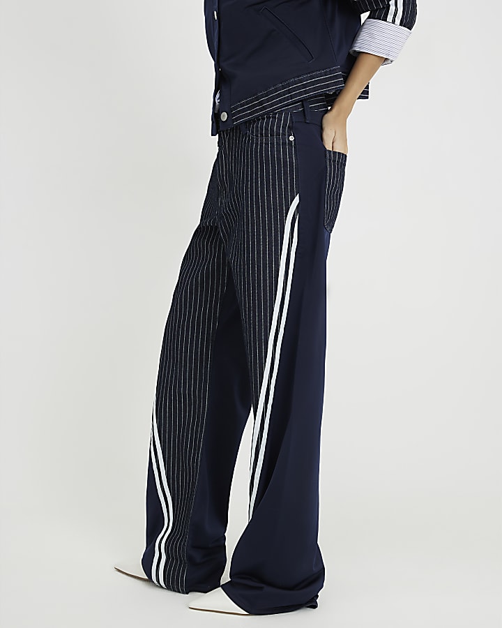 Navy Relaxed Straight Leg Stripe Hybrid Jeans