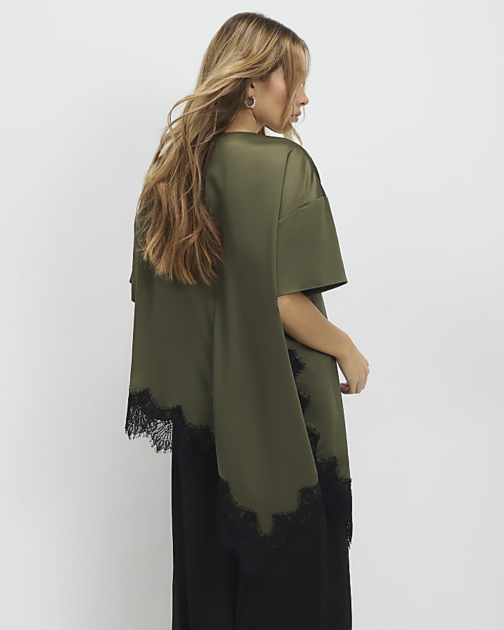 Khaki Asymmetric Lace Satin T-shirt