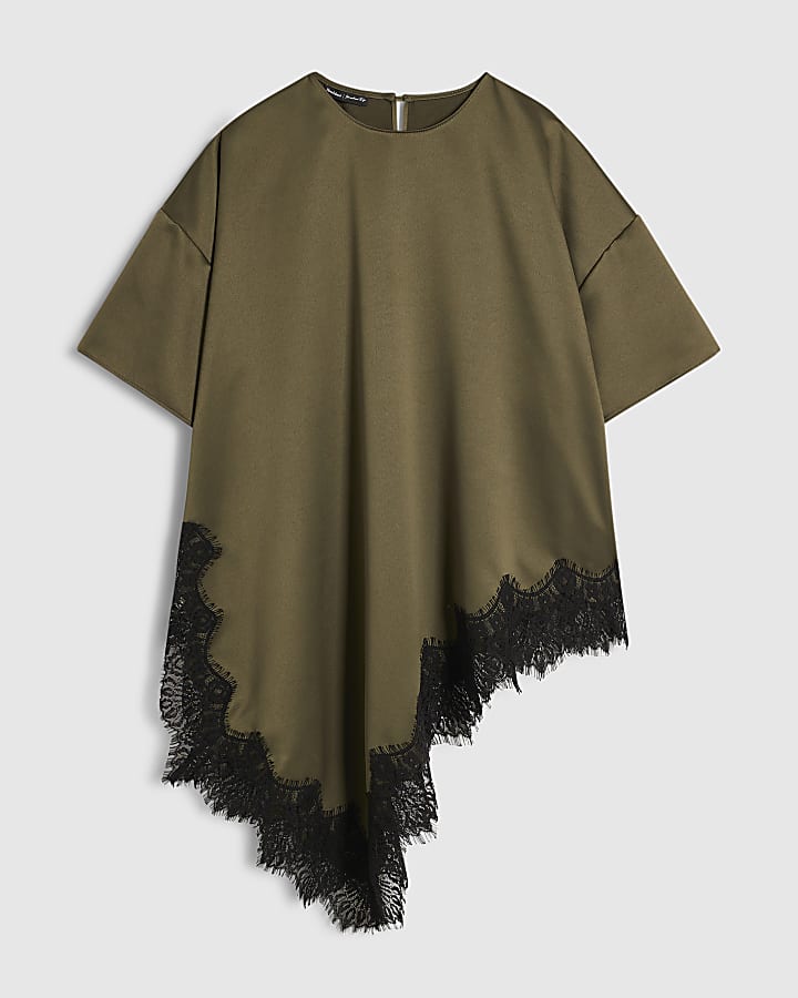 Khaki Asymmetric Lace Satin T-shirt