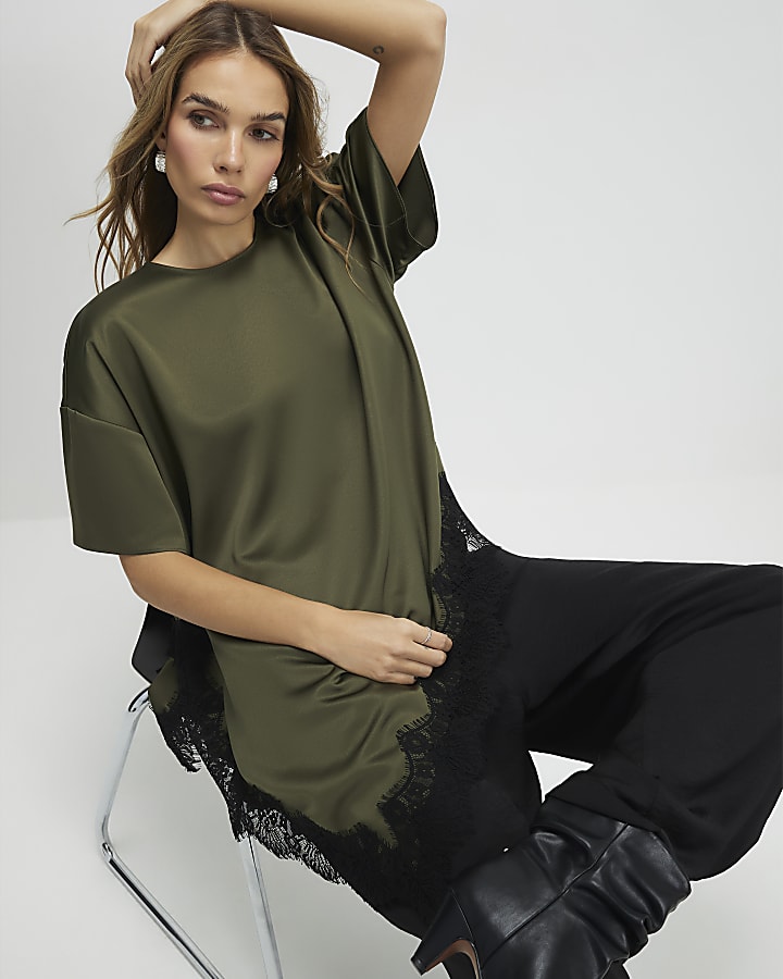 Khaki Asymmetric Lace Satin T-shirt