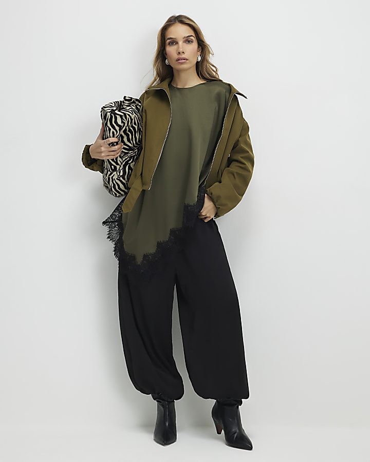 Khaki Asymmetric Lace Satin T-shirt