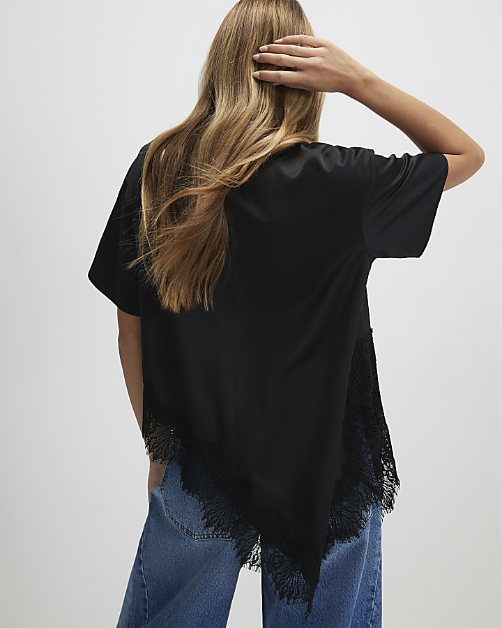 Black Asymmetric Lace Satin T-Shirt