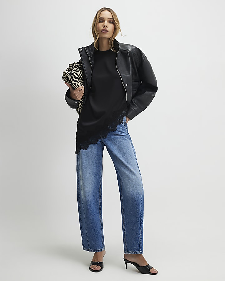 Black Asymmetric Lace Satin T-Shirt