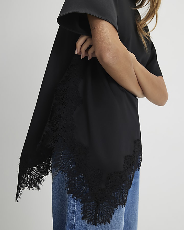 Black Asymmetric Lace Satin T-Shirt