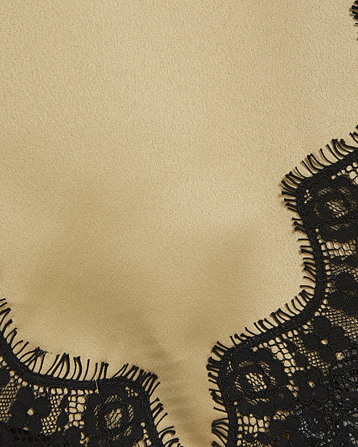 Beige Asymmetric Lace Satin T-Shirt