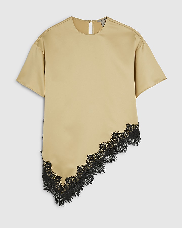 Beige Asymmetric Lace Satin T-Shirt