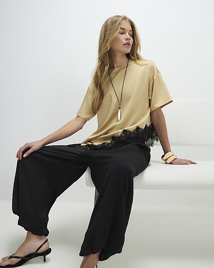 Beige Asymmetric Lace Satin T-Shirt