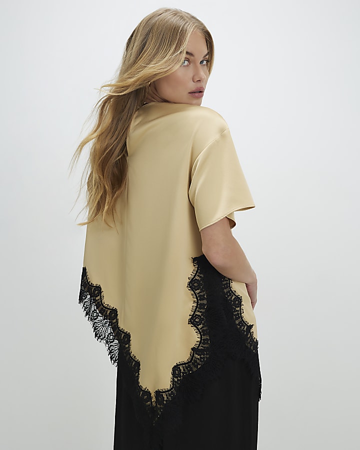 Beige Asymmetric Lace Satin T-Shirt