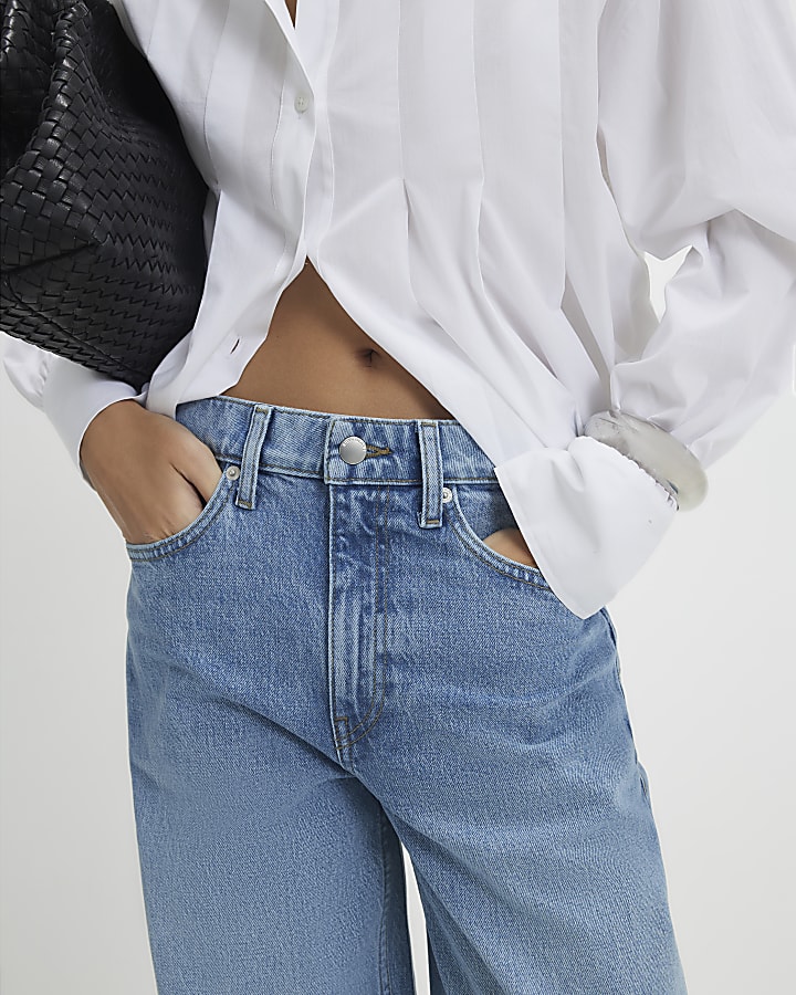 Blue Mid Rise Barrel Leg Jeans