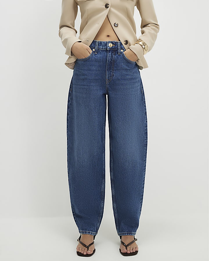 Blue Mid Rise Barrel Leg Jeans