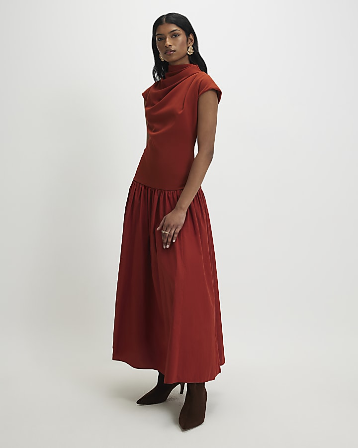 Orange Short Sleeve Hybrid Drape Maxi Dress