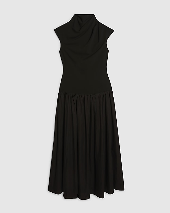 Black Short Sleeve Hybrid Drape Maxi Dress