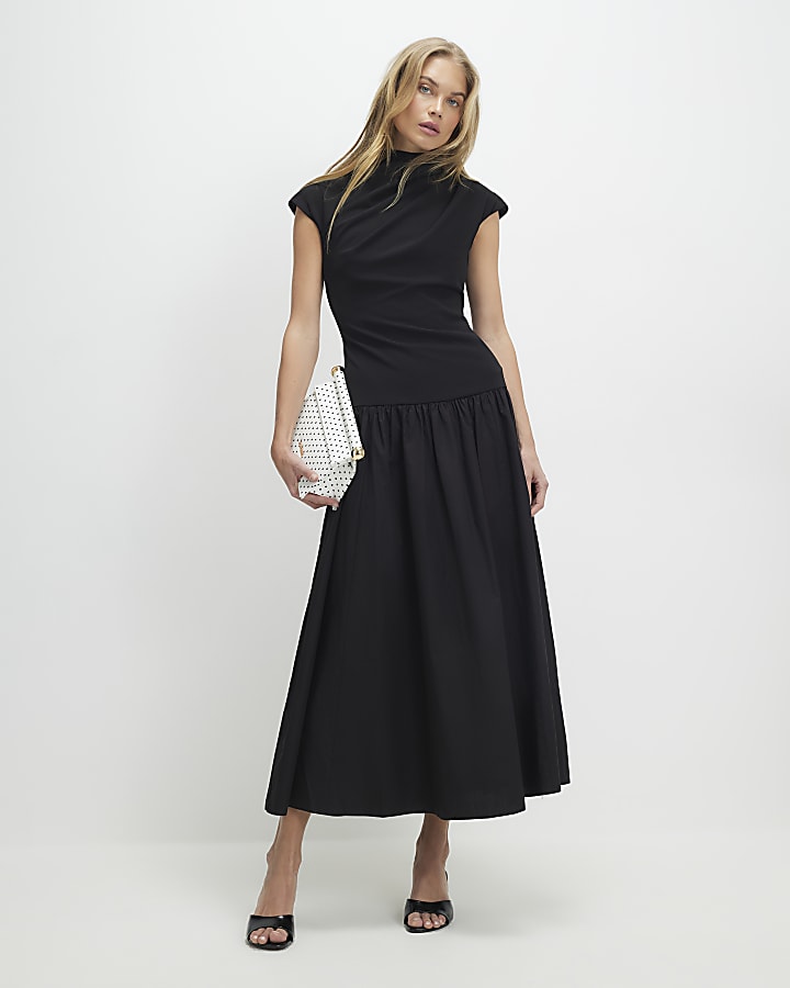 Black Short Sleeve Hybrid Drape Maxi Dress