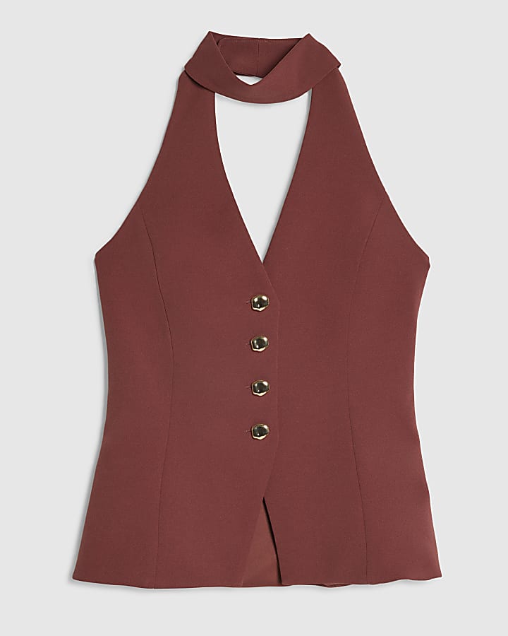 Brown Sleeveless Scarf Neck Waistcoat