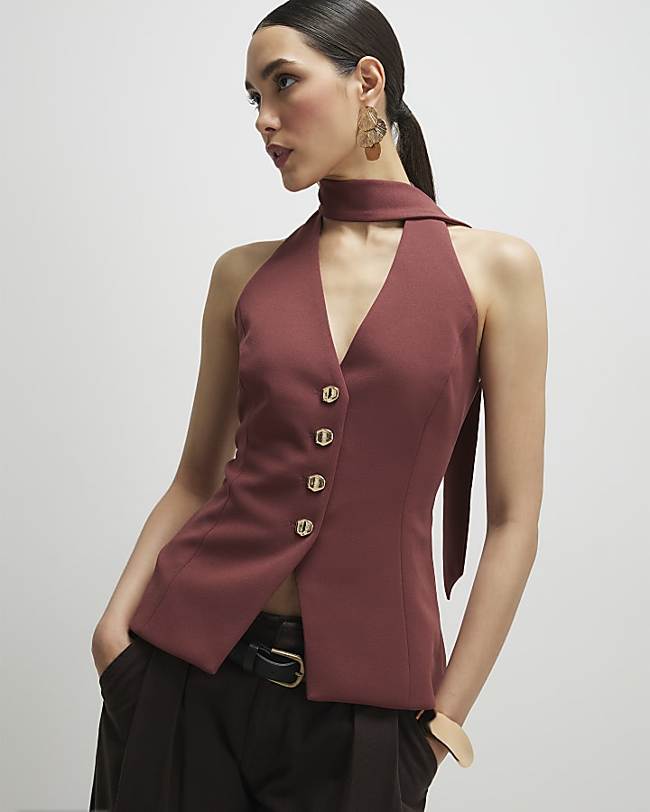 Brown Sleeveless Scarf Neck Waistcoat