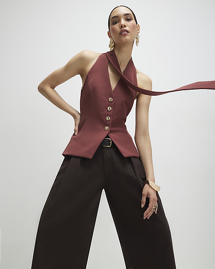 Brown Sleeveless Scarf Neck Waistcoat