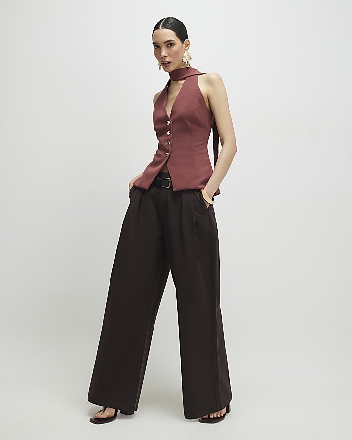 Brown Sleeveless Scarf Neck Waistcoat