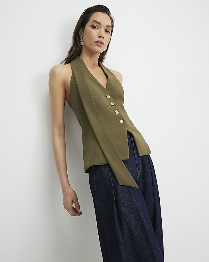 Khaki Scarf Neck Waistcoat
