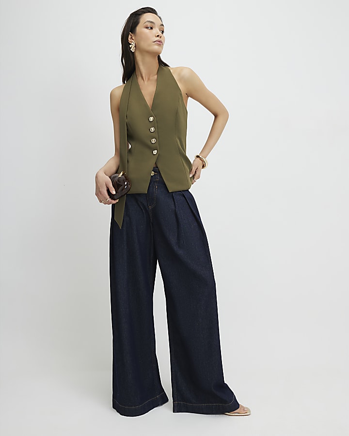 Khaki Scarf Neck Waistcoat