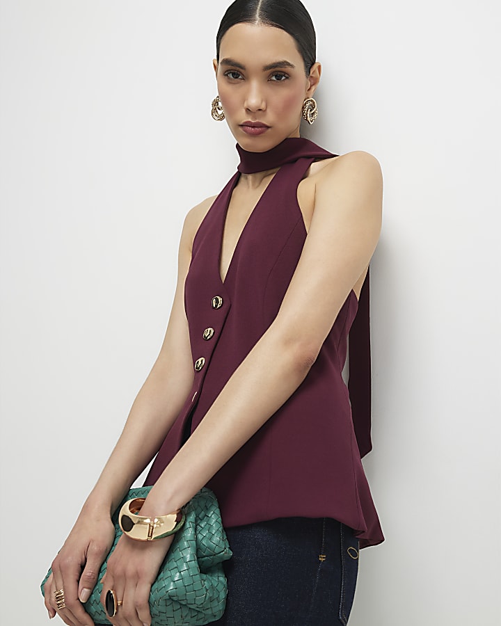 Purple Sleeveless Scarf Neck Waistcoat