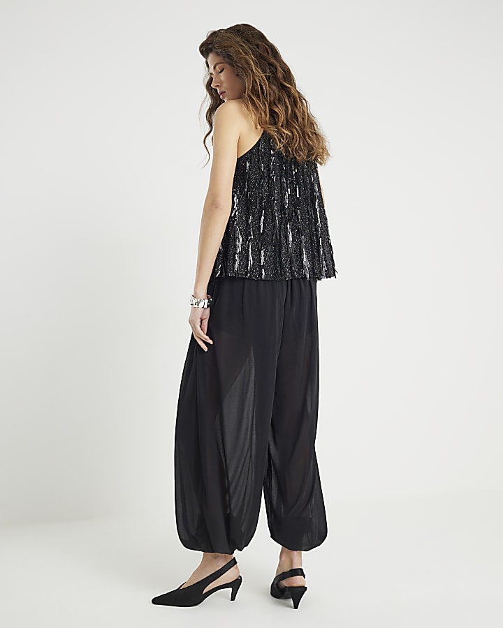 Black Mesh Tie waist Balloon Trousers