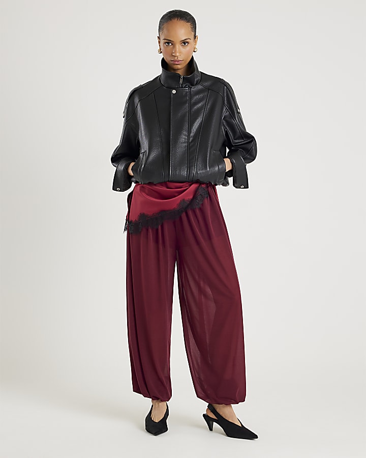 Red Mesh Tie waist Balloon Leg Trousers