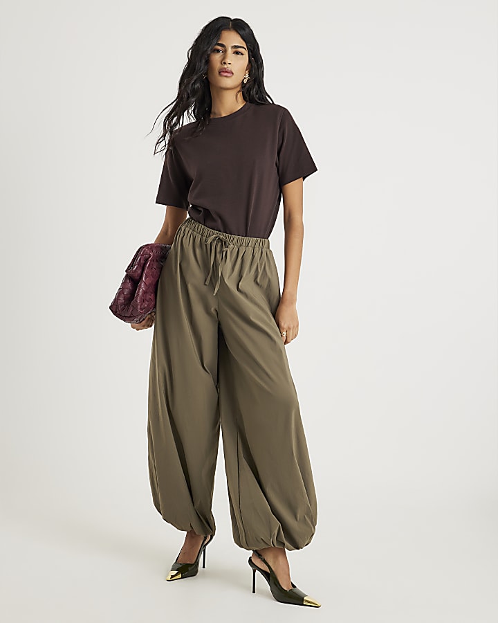 Khaki Tie waist Balloon Trousers