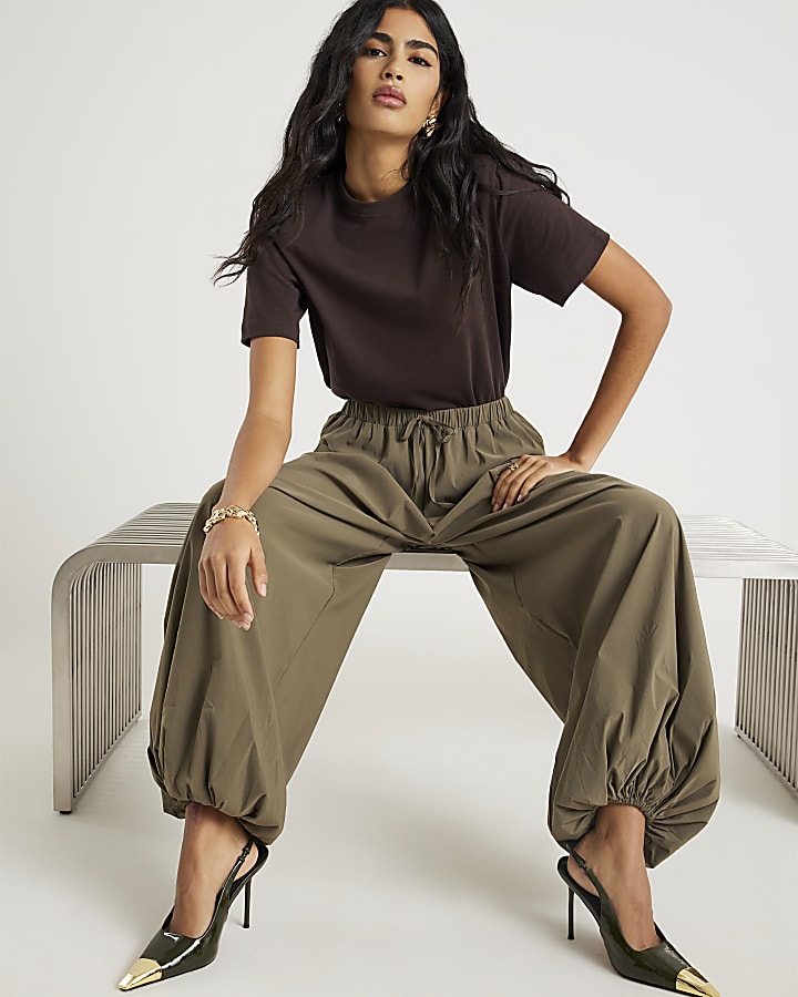 Khaki Tie waist Balloon Trousers