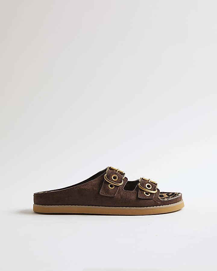Brown Leopard Footbed Double Strap Sandals