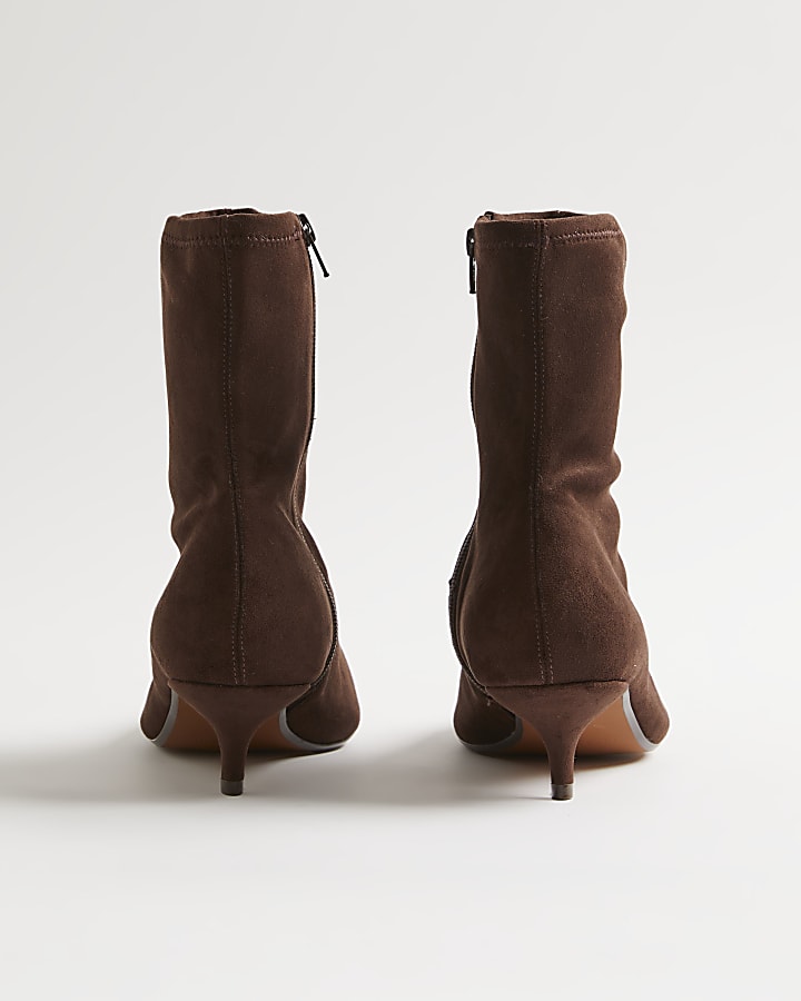 Brown Faux Suede Pointed Toe Sock Boots